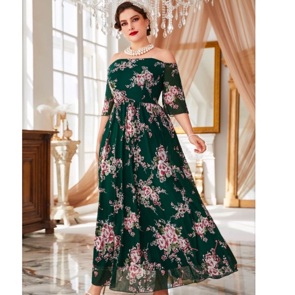 Plus Size Floral Print Off Shoulder Dress Size 2XL